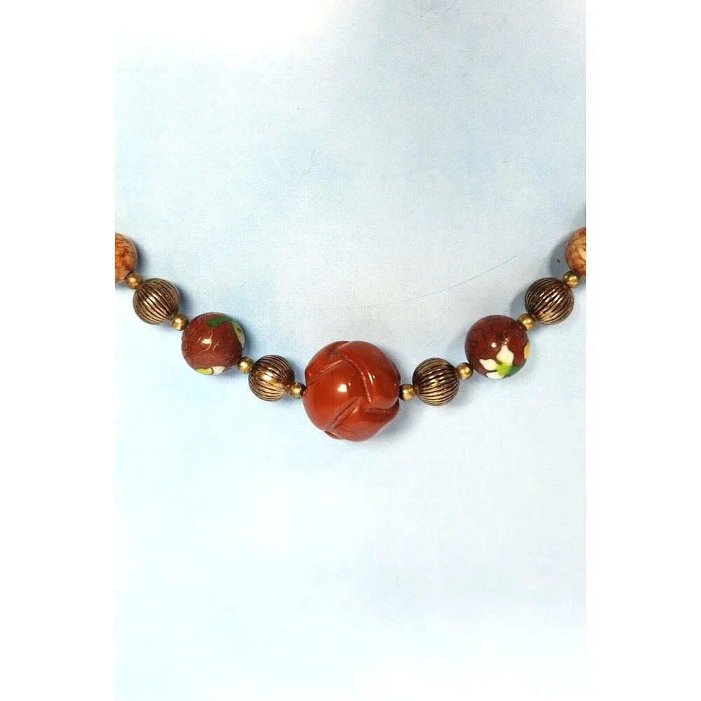 Vintage Carved Red Jasper & Cloisonne Beaded Statement Necklace 18